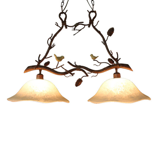 Resin Branch Suspension Light Classic 2 Heads Dining Room Island Chandelier Light with Scalloped Shade in Brown Clearhalo 'Ceiling Lights' 'Close To Ceiling Lights' 'Glass shade' 'Glass' 'Island Lights' Lighting' 2135860