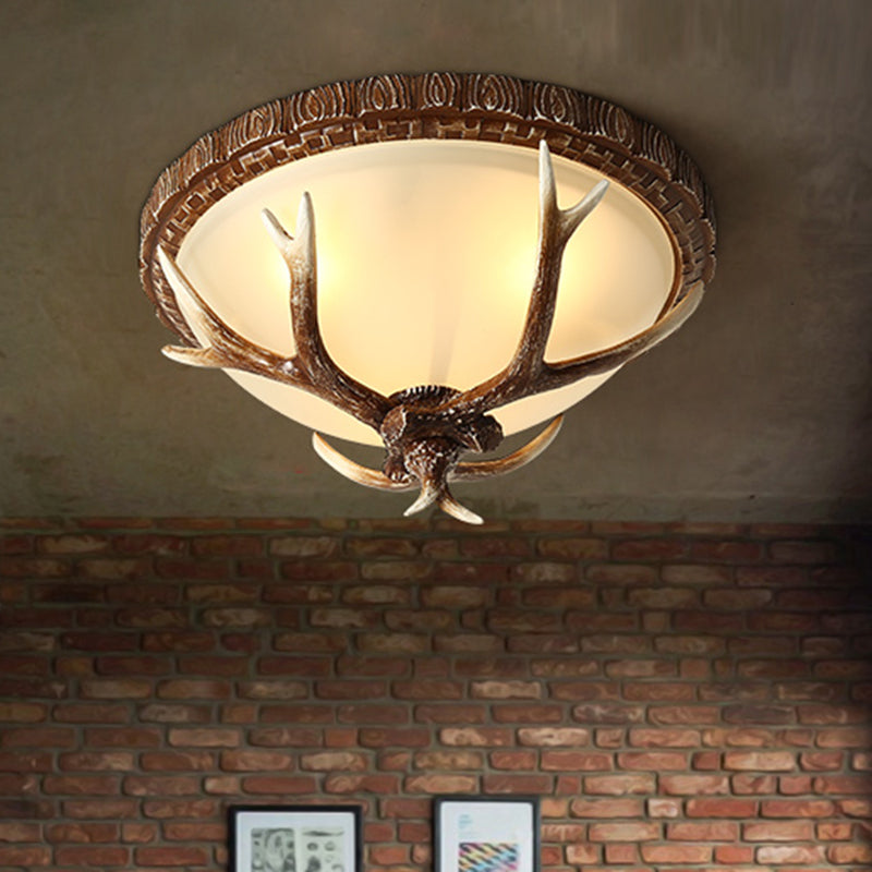 Brown Bowl Flush Mount Traditional Frost Glass 3 Heads Restaurant Flushmount Ceiling Light with Decorative Antler Clearhalo 'Ceiling Lights' 'Close To Ceiling Lights' 'Close to ceiling' 'Flush mount' Lighting' 2135865