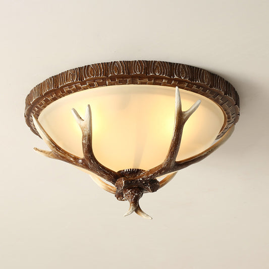 Brown Bowl Flush Mount Traditional Frost Glass 3 Heads Restaurant Flushmount Ceiling Light with Decorative Antler Clearhalo 'Ceiling Lights' 'Close To Ceiling Lights' 'Close to ceiling' 'Flush mount' Lighting' 2135866