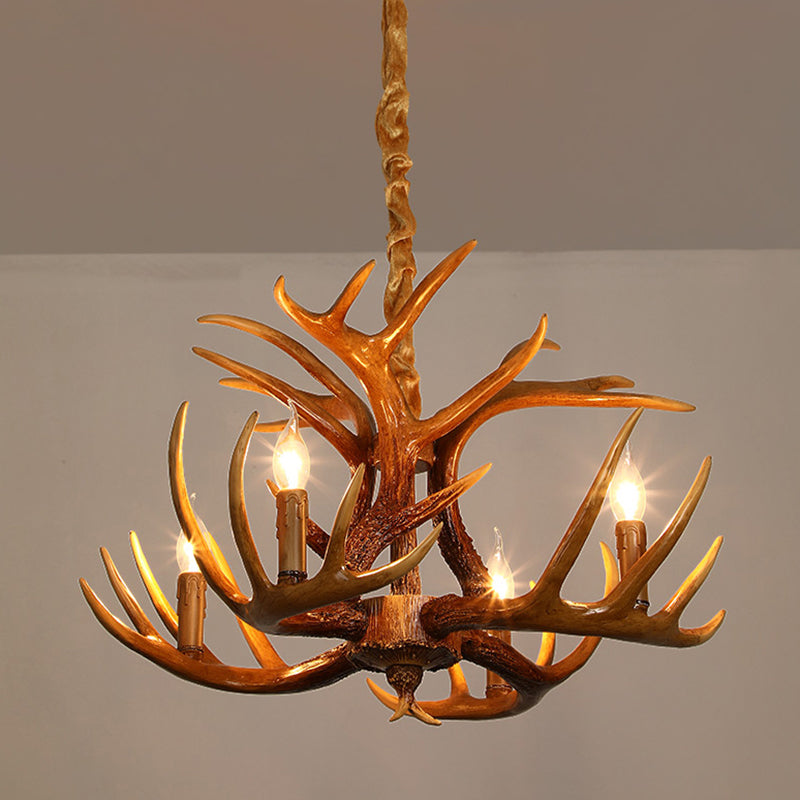 Resin Deer Horn Shaped Suspension Light Traditional Restaurant Chandelier Lighting 4 Brown Clearhalo 'Ceiling Lights' 'Chandeliers' Lighting' options 2135924_b0bef3c3-ae32-4b2e-bccd-a901cd6b2318