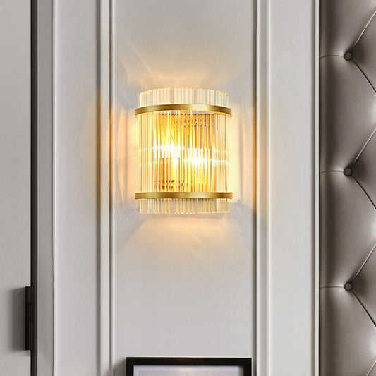 Half Cylinder Living Room Wall Mount Light Ribbed Glass 2 Bulbs Modern Wall Sconce Light in Gold Gold Clearhalo 'Modern wall lights' 'Modern' 'Wall Lamps & Sconces' 'Wall Lights' Lighting' 2136044
