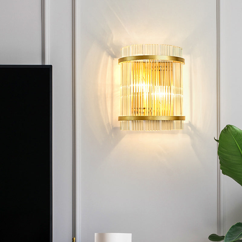 Half Cylinder Living Room Wall Mount Light Ribbed Glass 2 Bulbs Modern Wall Sconce Light in Gold Clearhalo 'Modern wall lights' 'Modern' 'Wall Lamps & Sconces' 'Wall Lights' Lighting' 2136045