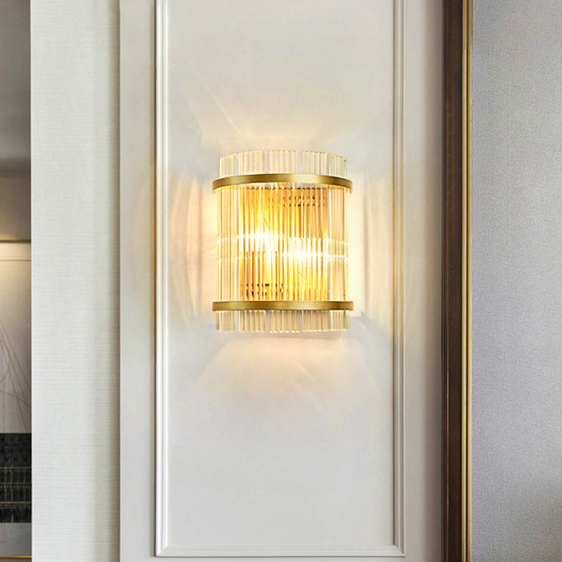 Half Cylinder Living Room Wall Mount Light Ribbed Glass 2 Bulbs Modern Wall Sconce Light in Gold Clearhalo 'Modern wall lights' 'Modern' 'Wall Lamps & Sconces' 'Wall Lights' Lighting' 2136046