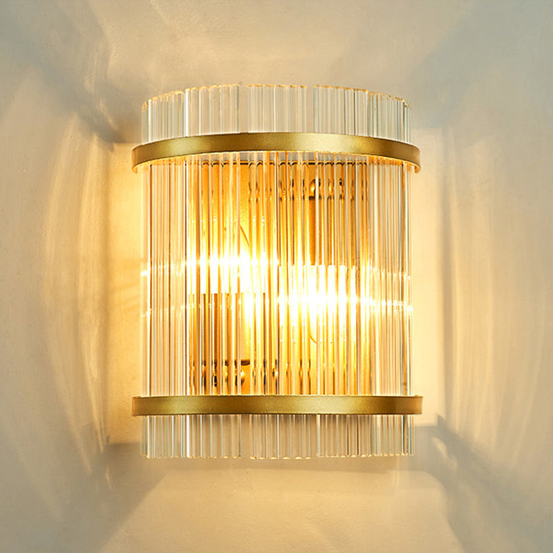 Half Cylinder Living Room Wall Mount Light Ribbed Glass 2 Bulbs Modern Wall Sconce Light in Gold Clearhalo 'Modern wall lights' 'Modern' 'Wall Lamps & Sconces' 'Wall Lights' Lighting' 2136048