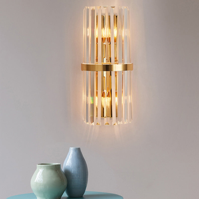 Shaded Wall Sconce Light Simplicity Crystal Rod 2 Bulbs Living Room Wall Mount Light in Gold Gold D Clearhalo 'Modern wall lights' 'Modern' 'Wall Lamps & Sconces' 'Wall Lights' Lighting' 2136058