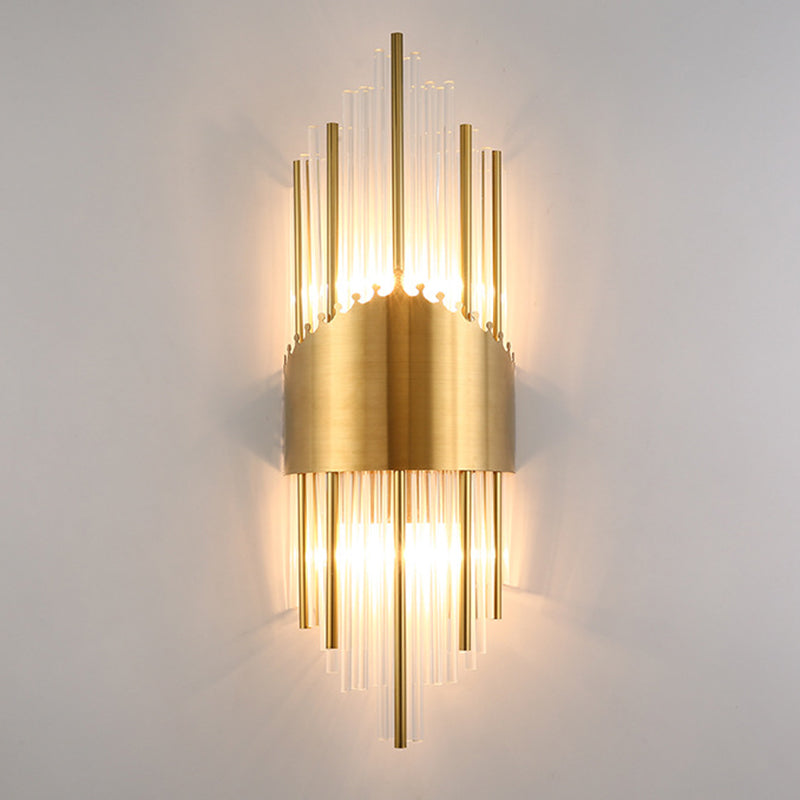 Shaded Wall Sconce Light Simplicity Crystal Rod 2 Bulbs Living Room Wall Mount Light in Gold Gold H Clearhalo 'Modern wall lights' 'Modern' 'Wall Lamps & Sconces' 'Wall Lights' Lighting' 2136063