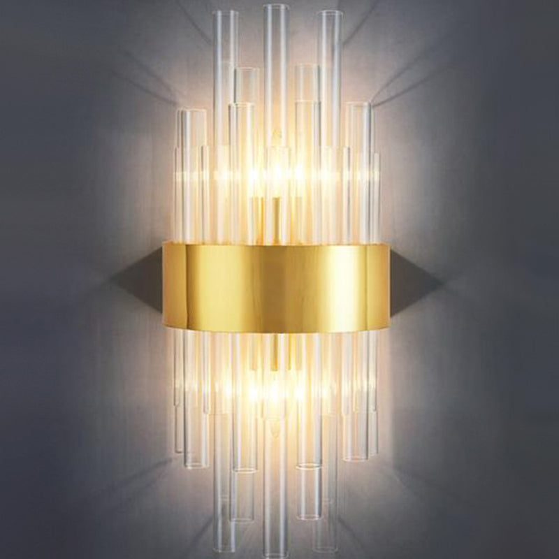 Shaded Wall Sconce Light Simplicity Crystal Rod 2 Bulbs Living Room Wall Mount Light in Gold Gold K Clearhalo 'Modern wall lights' 'Modern' 'Wall Lamps & Sconces' 'Wall Lights' Lighting' 2136066