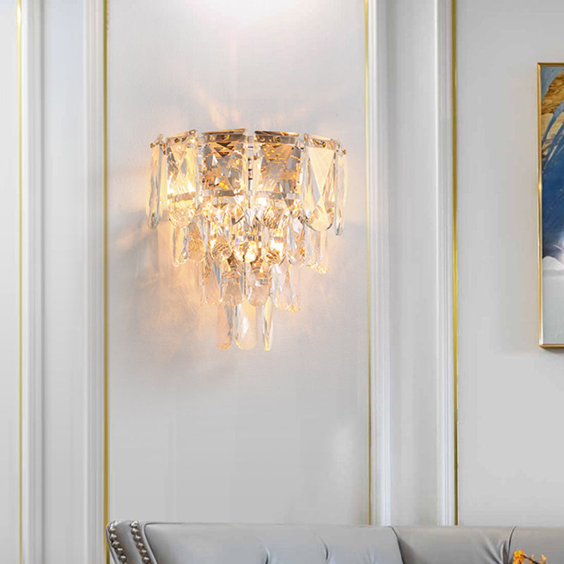 Crystal Tiered Tapered Wall Lamp Artistic 3 Heads Brass Wall Light Fixture for Living Room Clear Clearhalo 'Modern wall lights' 'Modern' 'Wall Lamps & Sconces' 'Wall Lights' Lighting' 2136069