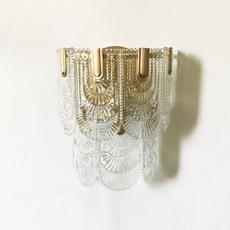 Tiered Scalloped Crystal Wall Light Minimalist 3 Bulbs Brass Wall Lighting Fixture Clearhalo 'Modern wall lights' 'Modern' 'Wall Lamps & Sconces' 'Wall Lights' Lighting' 2136077