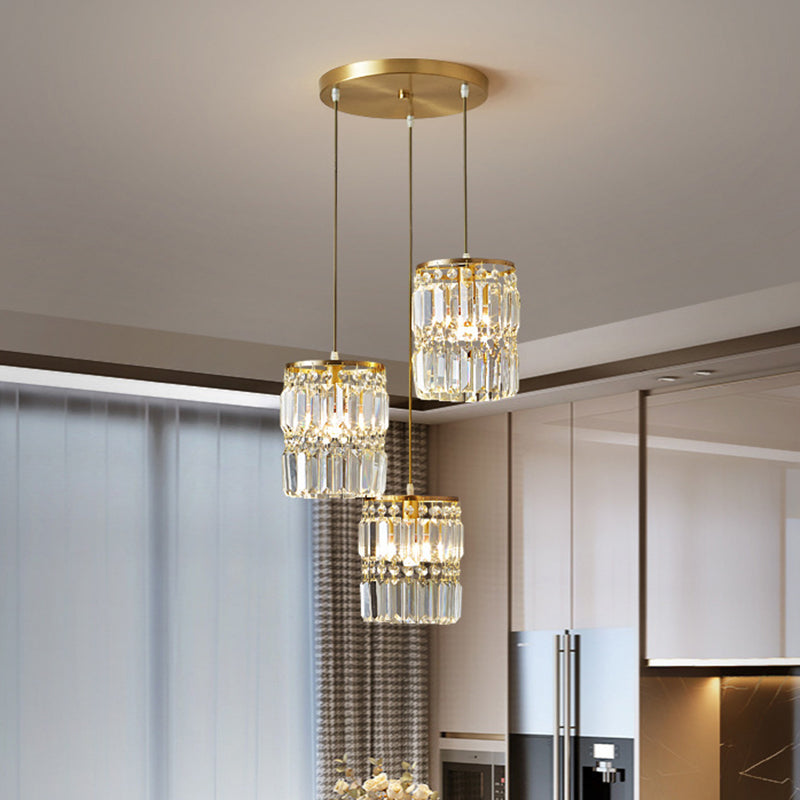 Contemporary Cylinder Hanging Pendant Tri-Prism Crystal 3 Heads Dining Room Multi Light Chandelier in Brass Brass Round Clearhalo 'Ceiling Lights' 'Modern Pendants' 'Modern' 'Pendant Lights' 'Pendants' Lighting' 2136108