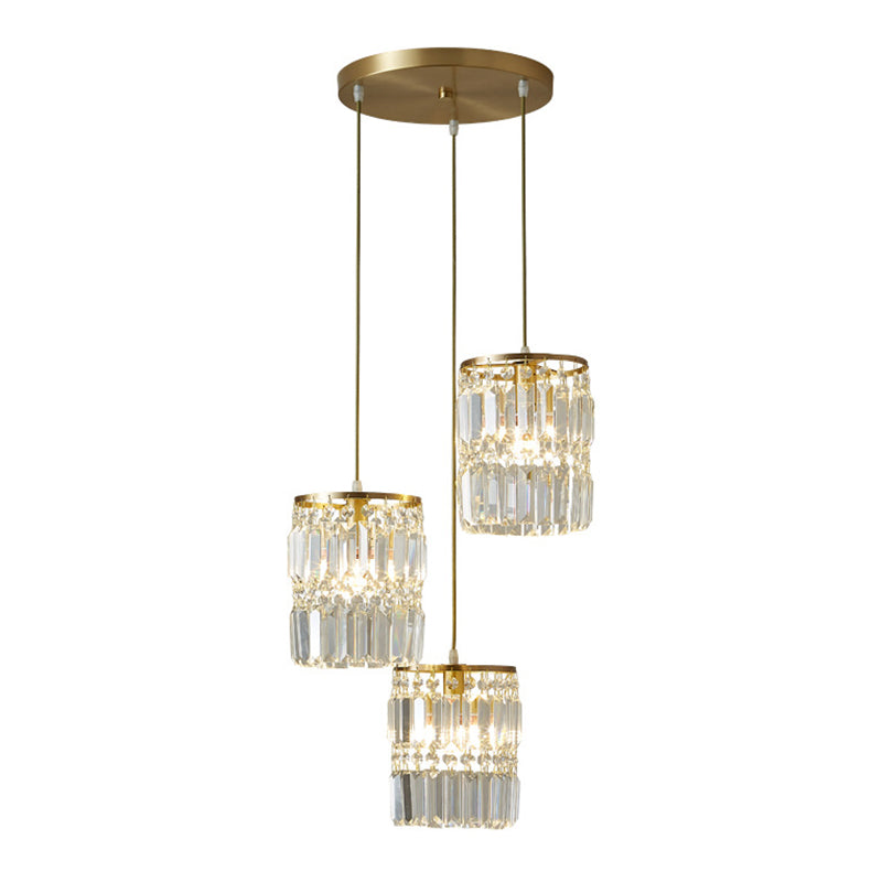 Contemporary Cylinder Hanging Pendant Tri-Prism Crystal 3 Heads Dining Room Multi Light Chandelier in Brass Clearhalo 'Ceiling Lights' 'Modern Pendants' 'Modern' 'Pendant Lights' 'Pendants' Lighting' 2136110