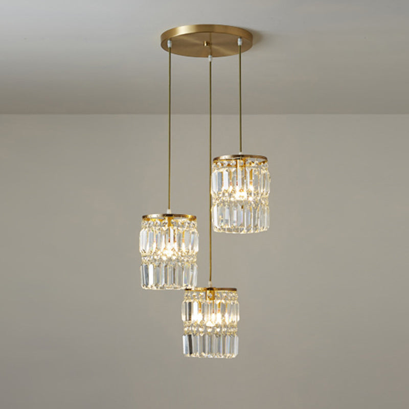 Contemporary Cylinder Hanging Pendant Tri-Prism Crystal 3 Heads Dining Room Multi Light Chandelier in Brass Clearhalo 'Ceiling Lights' 'Modern Pendants' 'Modern' 'Pendant Lights' 'Pendants' Lighting' 2136111