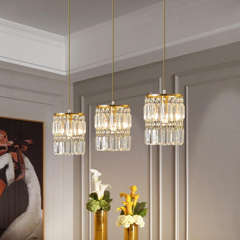 Contemporary Cylinder Hanging Pendant Tri-Prism Crystal 3 Heads Dining Room Multi Light Chandelier in Brass Brass Linear Clearhalo 'Ceiling Lights' 'Modern Pendants' 'Modern' 'Pendant Lights' 'Pendants' Lighting' 2136112