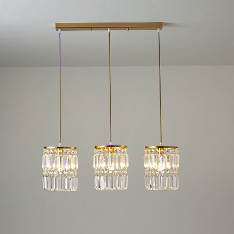 Contemporary Cylinder Hanging Pendant Tri-Prism Crystal 3 Heads Dining Room Multi Light Chandelier in Brass Clearhalo 'Ceiling Lights' 'Modern Pendants' 'Modern' 'Pendant Lights' 'Pendants' Lighting' 2136113