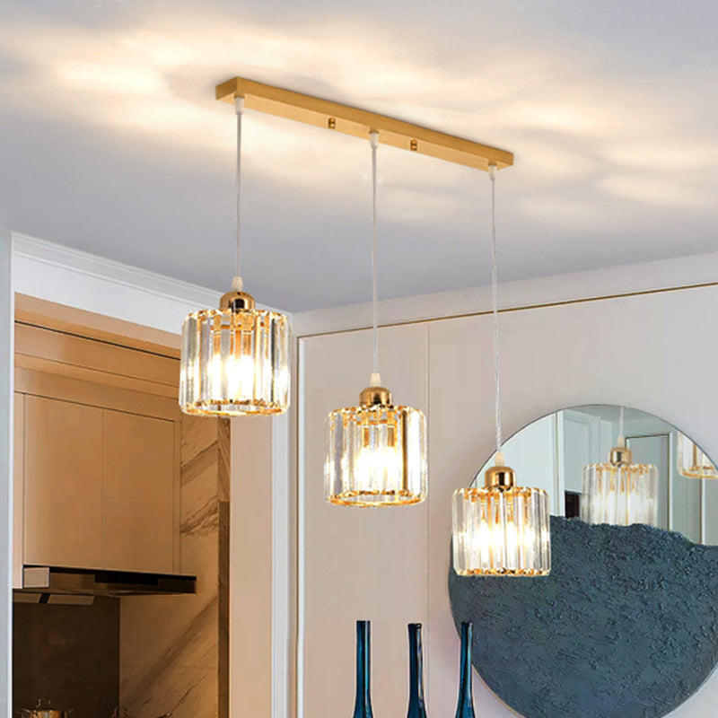 Cube Shaped Multi Ceiling Lamp Simplicity Crystal 3 Bulbs Dining Room Suspension Light Fixture in Gold Gold Linear Clearhalo 'Ceiling Lights' 'Modern Pendants' 'Modern' 'Pendant Lights' 'Pendants' Lighting' 2136117
