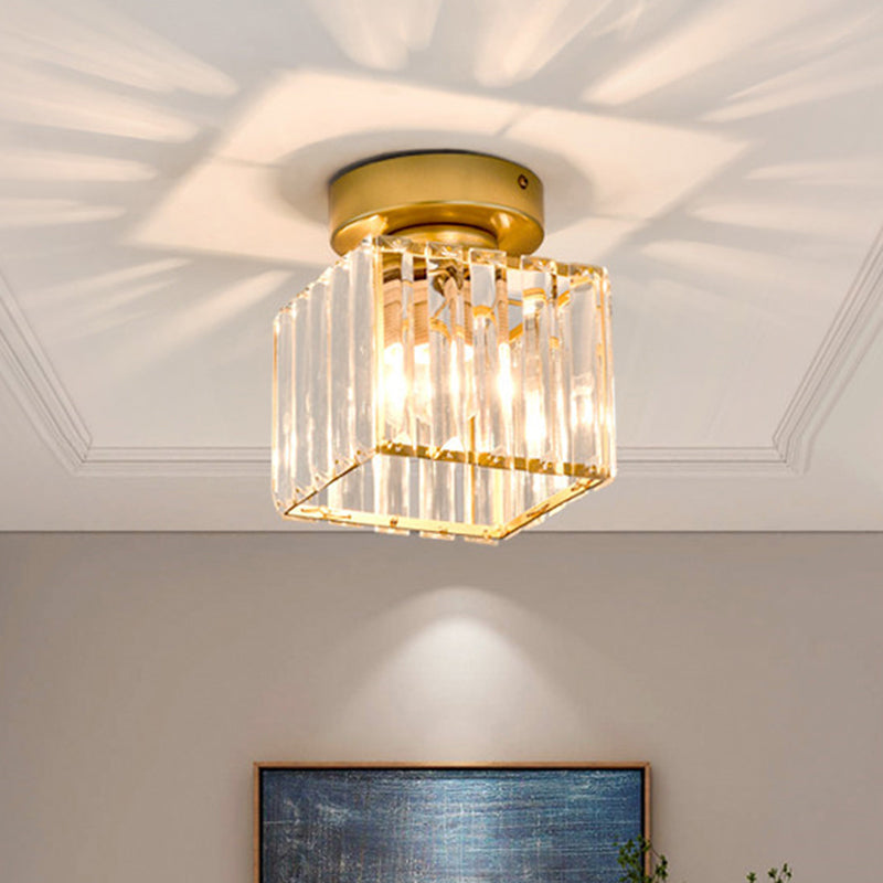 Geometrical Flush Mount Light Simplicity K9 Crystal 1 Bulb Hallway Flush Mount Ceiling Light in Gold Clearhalo 'Ceiling Lights' 'Close To Ceiling Lights' 'Lighting' 2136145_a9295f48-4e9e-4619-83f3-4125b07257b7