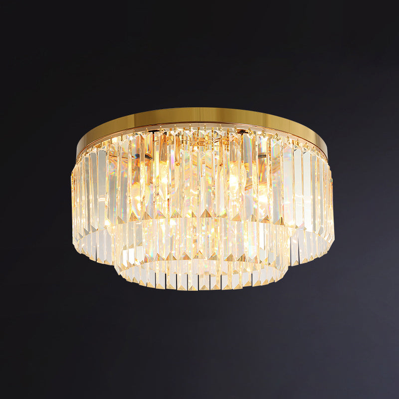 Drum Tri-Prism Crystal Flush Mount Lighting Minimalist Gold Flush Mount Fixture for Living Room Gold 19.5" Clearhalo 'Ceiling Lights' 'Close To Ceiling Lights' 'Close to ceiling' 'Flush mount' Lighting' 2136196
