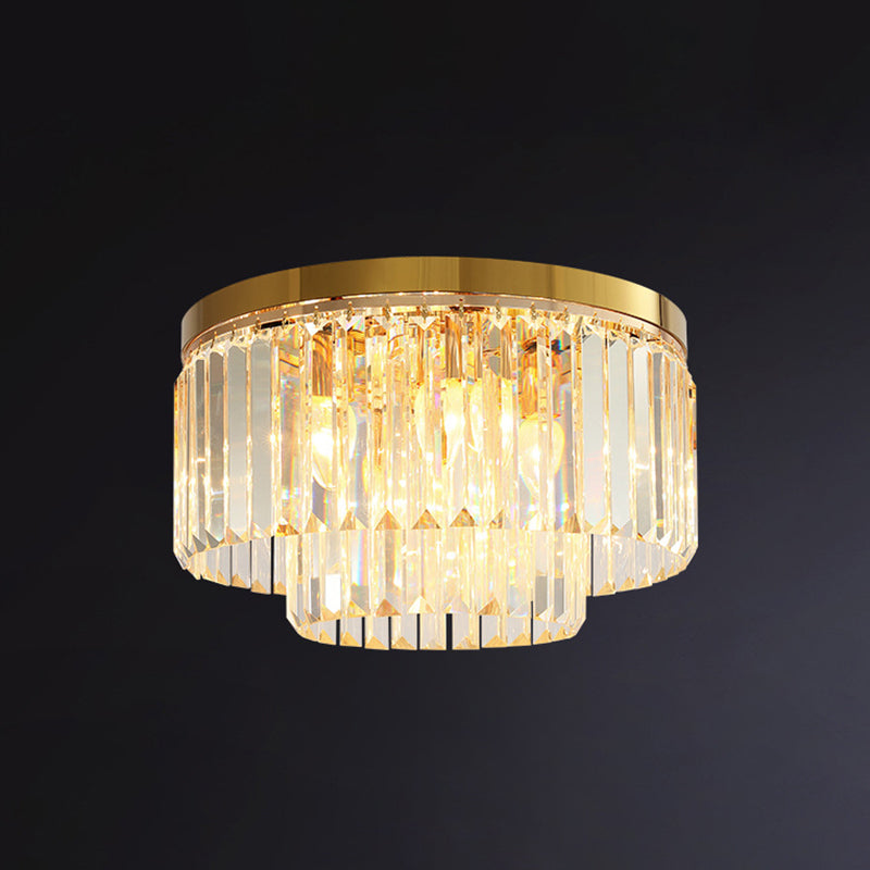 Drum Tri-Prism Crystal Flush Mount Lighting Minimalist Gold Flush Mount Fixture for Living Room Gold 15.5" Clearhalo 'Ceiling Lights' 'Close To Ceiling Lights' 'Close to ceiling' 'Flush mount' Lighting' 2136199