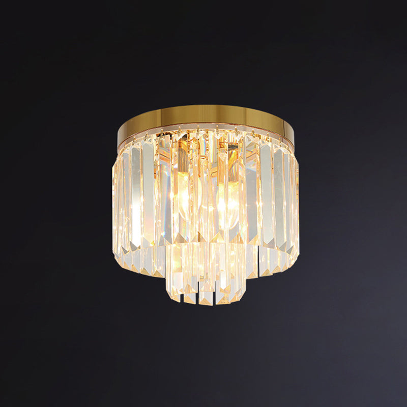 Drum Tri-Prism Crystal Flush Mount Lighting Minimalist Gold Flush Mount Fixture for Living Room Gold 12" Clearhalo 'Ceiling Lights' 'Close To Ceiling Lights' 'Close to ceiling' 'Flush mount' Lighting' 2136200