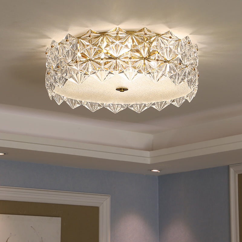 Contemporary Drum Flush Ceiling Light Snowflake Crystal Living Room Flushmount Ceiling Light in Clear Clearhalo 'Ceiling Lights' 'Close To Ceiling Lights' 'Close to ceiling' 'Flush mount' Lighting' 2136214