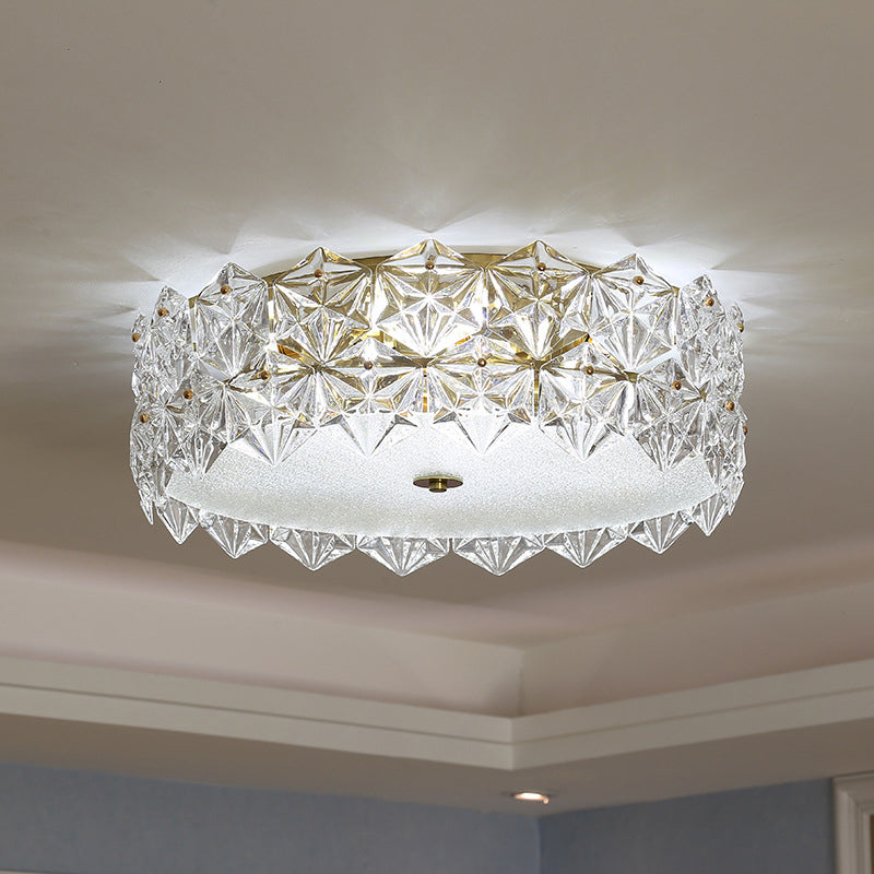 Contemporary Drum Flush Ceiling Light Snowflake Crystal Living Room Flushmount Ceiling Light in Clear Clearhalo 'Ceiling Lights' 'Close To Ceiling Lights' 'Close to ceiling' 'Flush mount' Lighting' 2136215