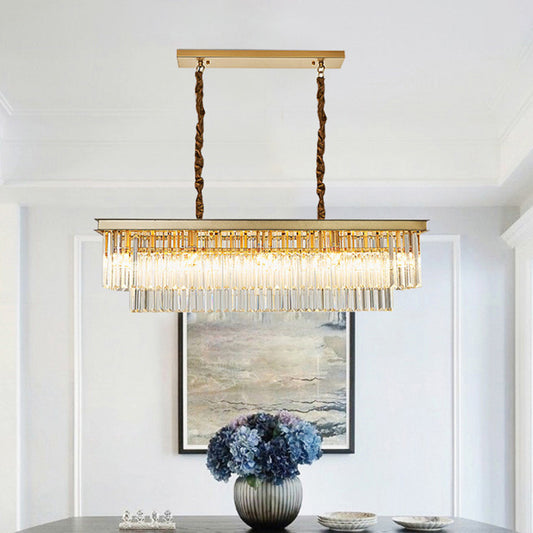 2-Tier Rectangle Living Room Pendant Light Tri-Prism Crystal Artistic Hanging Island Light Gold Clearhalo 'Ceiling Lights' 'Island Lights' Lighting' 2136275