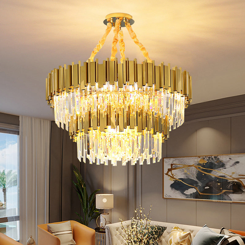 Post-Modern Drum Chandelier Pendant Light Tri-Prism Crystal Living Room Hanging Light in Gold Gold 2 Tiers Clearhalo 'Ceiling Lights' 'Chandeliers' 'Modern Chandeliers' 'Modern' Lighting' 2136307