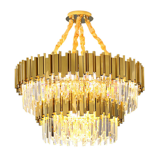 Post-Modern Drum Chandelier Pendant Light Tri-Prism Crystal Living Room Hanging Light in Gold Clearhalo 'Ceiling Lights' 'Chandeliers' 'Modern Chandeliers' 'Modern' Lighting' 2136309