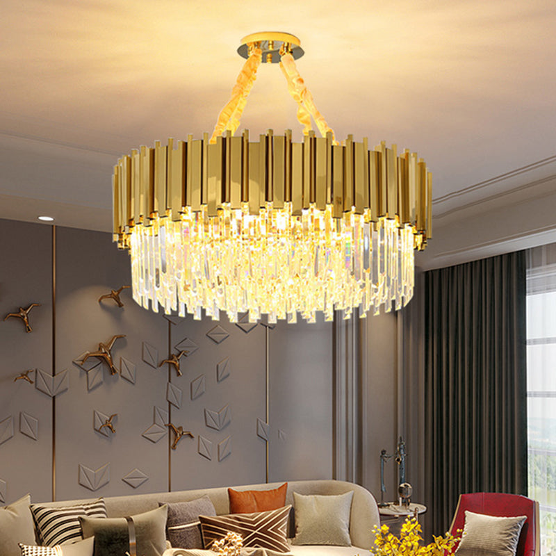 Post-Modern Drum Chandelier Pendant Light Tri-Prism Crystal Living Room Hanging Light in Gold Gold 1 Tier Clearhalo 'Ceiling Lights' 'Chandeliers' 'Modern Chandeliers' 'Modern' Lighting' 2136311
