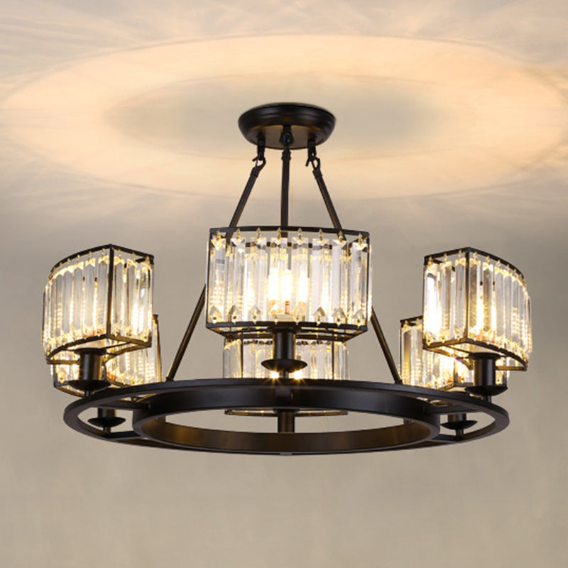 Artistic Ring Shaped Suspension Light Clear Crystal Living Room Chandelier Light in Black 6 Black Clearhalo 'Ceiling Lights' 'Chandeliers' 'Modern Chandeliers' 'Modern' Lighting' 2136389