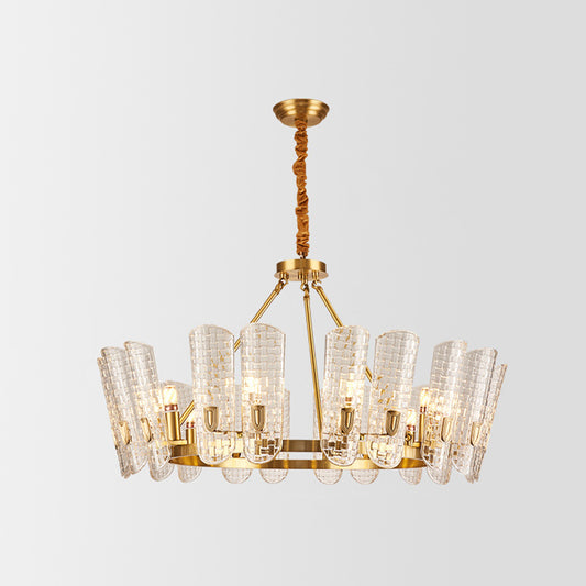 Gold Curved Chandelier Pendant Light Post-Modern Grid Glass Hanging Light for Dining Room Clearhalo 'Ceiling Lights' 'Chandeliers' 'Modern Chandeliers' 'Modern' Lighting' 2136420