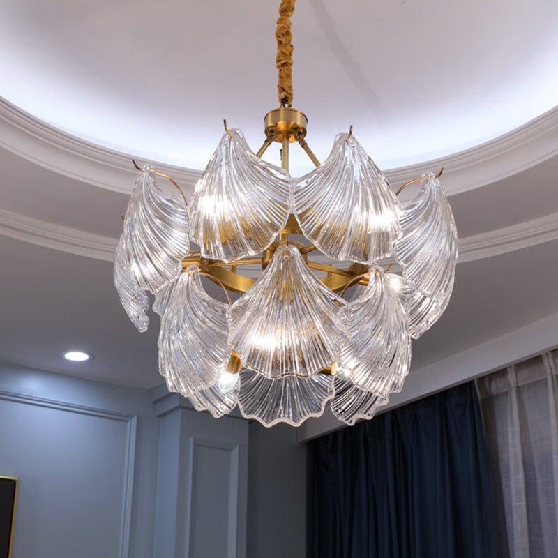 Scallop Shaped Chandelier Light Simplicity Ribbed Glass Gold Pendant Light Fixture 8 Gold Clearhalo 'Ceiling Lights' 'Chandeliers' 'Modern Chandeliers' 'Modern' Lighting' 2136425