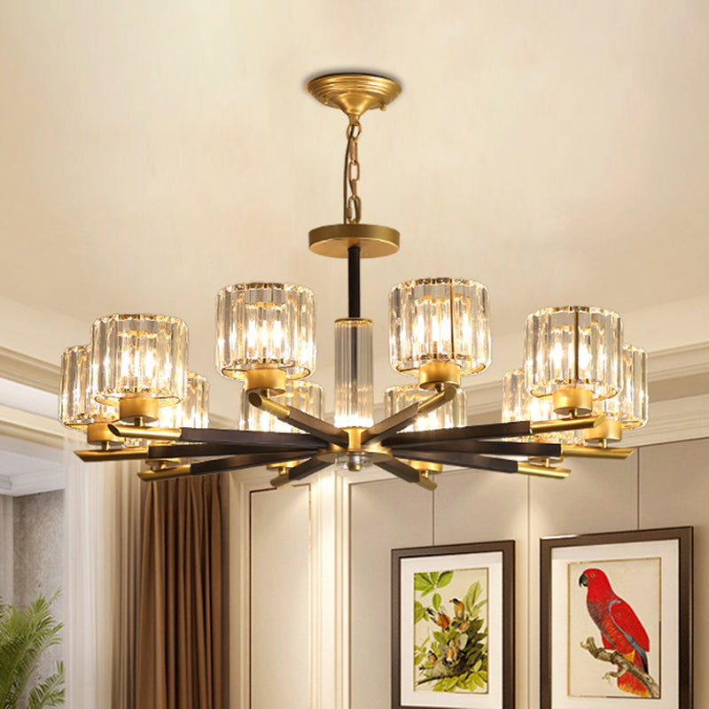 Cylinder Ceiling Lighting Postmodern Ribbed Glass Living Room Chandelier Light Fixture in Gold 10 Gold Clearhalo 'Ceiling Lights' 'Chandeliers' 'Modern Chandeliers' 'Modern' Lighting' 2136513