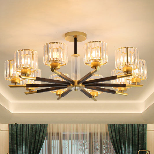 Cylinder Ceiling Lighting Postmodern Ribbed Glass Living Room Chandelier Light Fixture in Gold Clearhalo 'Ceiling Lights' 'Chandeliers' 'Modern Chandeliers' 'Modern' Lighting' 2136514