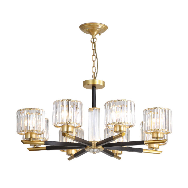 Cylinder Ceiling Lighting Postmodern Ribbed Glass Living Room Chandelier Light Fixture in Gold Clearhalo 'Ceiling Lights' 'Chandeliers' 'Modern Chandeliers' 'Modern' Lighting' 2136516