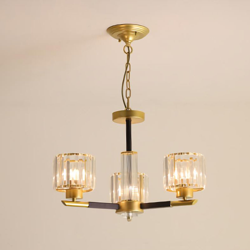 Cylinder Ceiling Lighting Postmodern Ribbed Glass Living Room Chandelier Light Fixture in Gold 3 Gold Clearhalo 'Ceiling Lights' 'Chandeliers' 'Modern Chandeliers' 'Modern' Lighting' 2136518