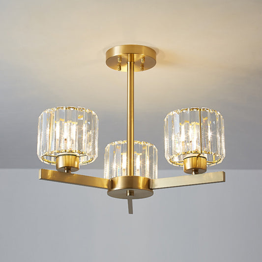 Cylinder Tri-Prism Crystal Chandelier Light Simplicity 3 Bulbs Gold Pendant Light Fixture Gold Clearhalo 'Ceiling Lights' 'Chandeliers' 'Modern Chandeliers' 'Modern' Lighting' 2136529