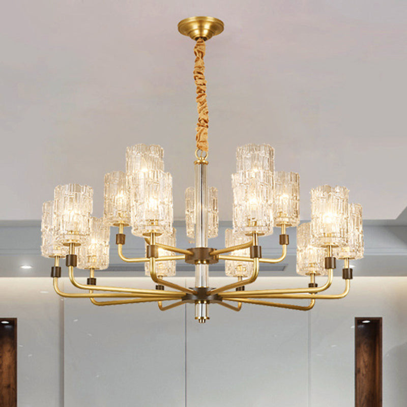 Cylinder Shade Chandelier Lighting Minimalist Prismatic Crystal Gold Pendant Light 15 Gold Clearhalo 'Ceiling Lights' 'Chandeliers' 'Modern Chandeliers' 'Modern' Lighting' 2136544