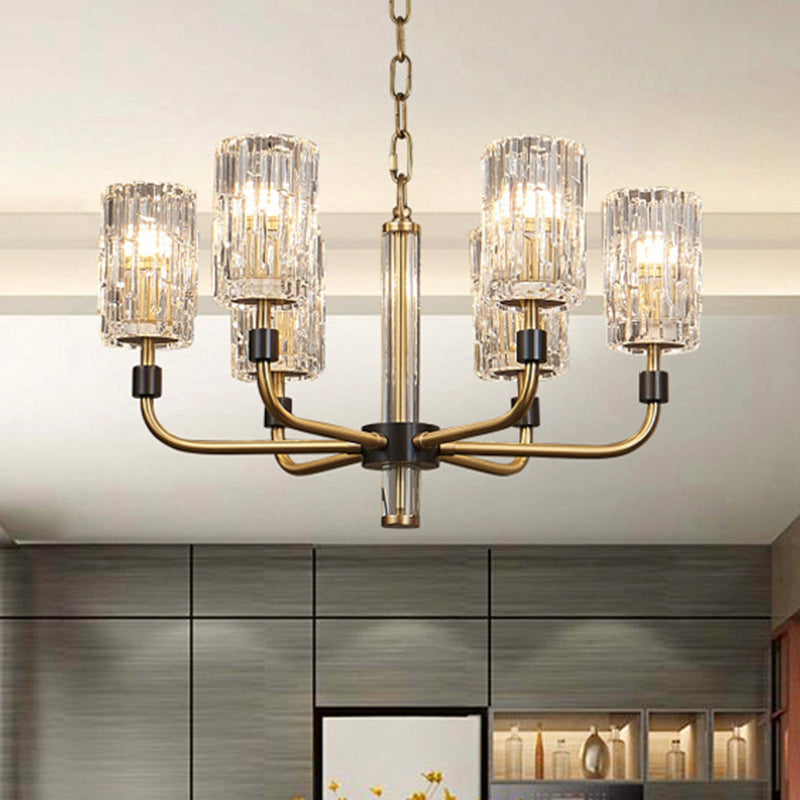 Cylinder Shade Chandelier Lighting Minimalist Prismatic Crystal Gold Pendant Light 6 Gold Clearhalo 'Ceiling Lights' 'Chandeliers' 'Modern Chandeliers' 'Modern' Lighting' 2136550