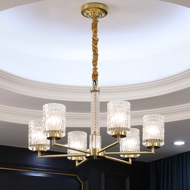 Post-Modern Cylindrical Chandelier Pendant Light Beveled Crystal Living Room Hanging Light in Gold 6 Gold Clearhalo 'Ceiling Lights' 'Chandeliers' 'Modern Chandeliers' 'Modern' Lighting' 2136565