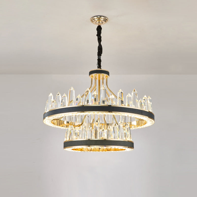 Black Icicle Shaped Chandelier Lighting Minimalist K9 Crystal Pendant Light for Living Room Black 2 Tiers 31.5" Clearhalo 'Ceiling Lights' 'Chandeliers' 'Modern Chandeliers' 'Modern' Lighting' 2136585