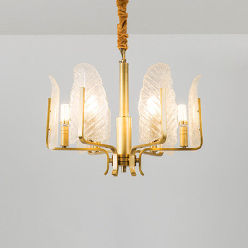 Leaf-Shaped Ceiling Lighting Postmodern Seedy Glass Gold Chandelier Light Fixture for Living Room 6 Gold Clearhalo 'Ceiling Lights' 'Chandeliers' 'Modern Chandeliers' 'Modern' Lighting' 2136597