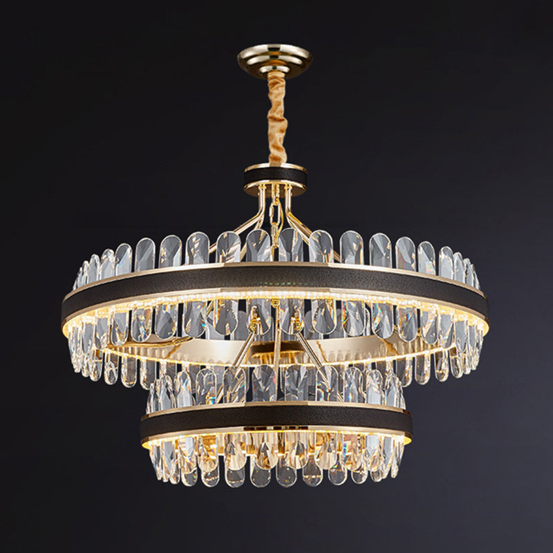 Simplicity Ring LED Chandelier Light K9 Crystal Living Room Pendant Light Fixture in Gold-Black Gold-Black 2 Tiers Clearhalo 'Ceiling Lights' 'Chandeliers' 'Modern Chandeliers' 'Modern' Lighting' 2136615