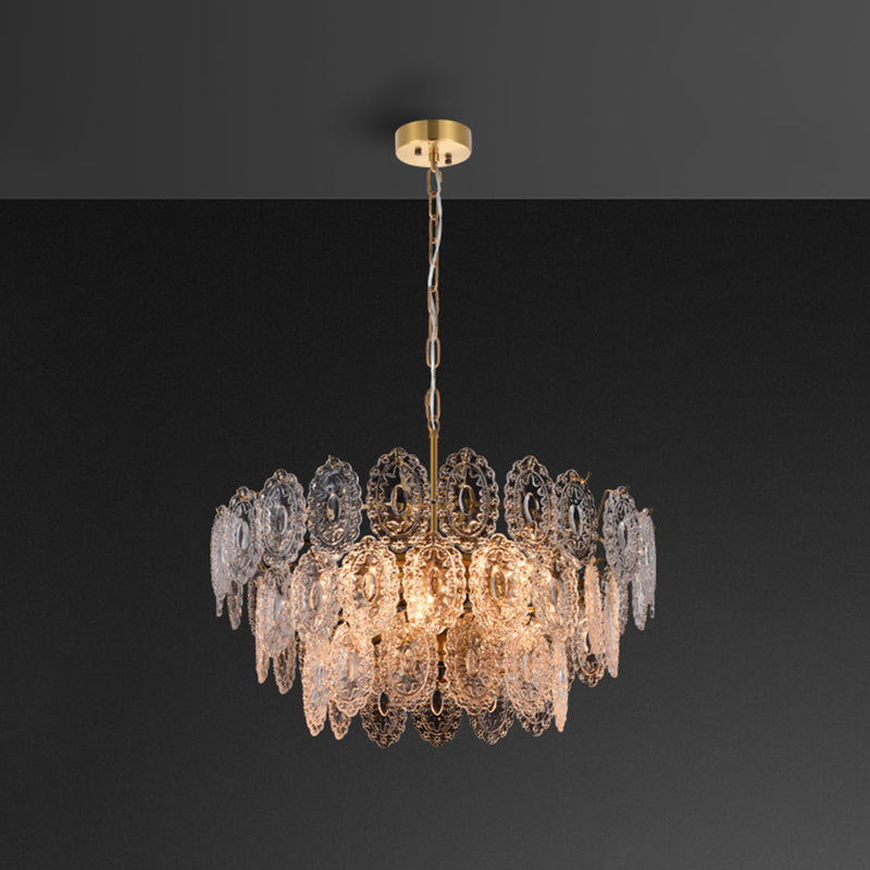 Tiered Carved Crystal Ceiling Lighting Postmodern Gold Chandelier Light Fixture for Living Room 14 Gold Clearhalo 'Ceiling Lights' 'Chandeliers' 'Modern Chandeliers' 'Modern' Lighting' 2136634