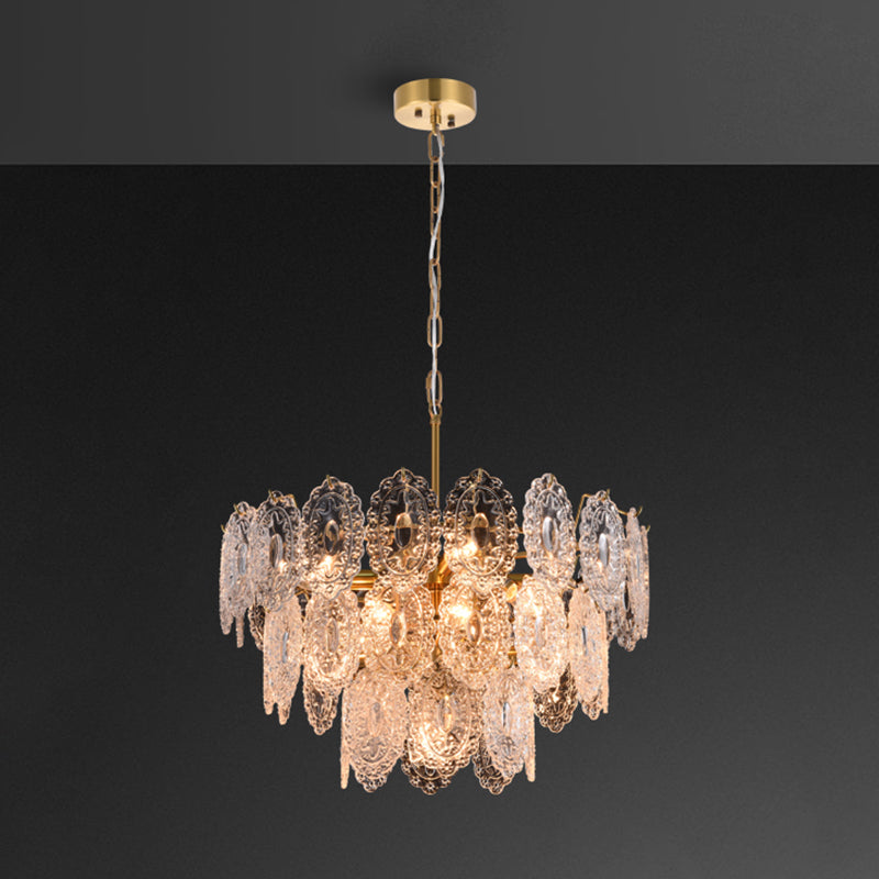 Tiered Carved Crystal Ceiling Lighting Postmodern Gold Chandelier Light Fixture for Living Room 13 Gold Clearhalo 'Ceiling Lights' 'Chandeliers' 'Modern Chandeliers' 'Modern' Lighting' 2136635