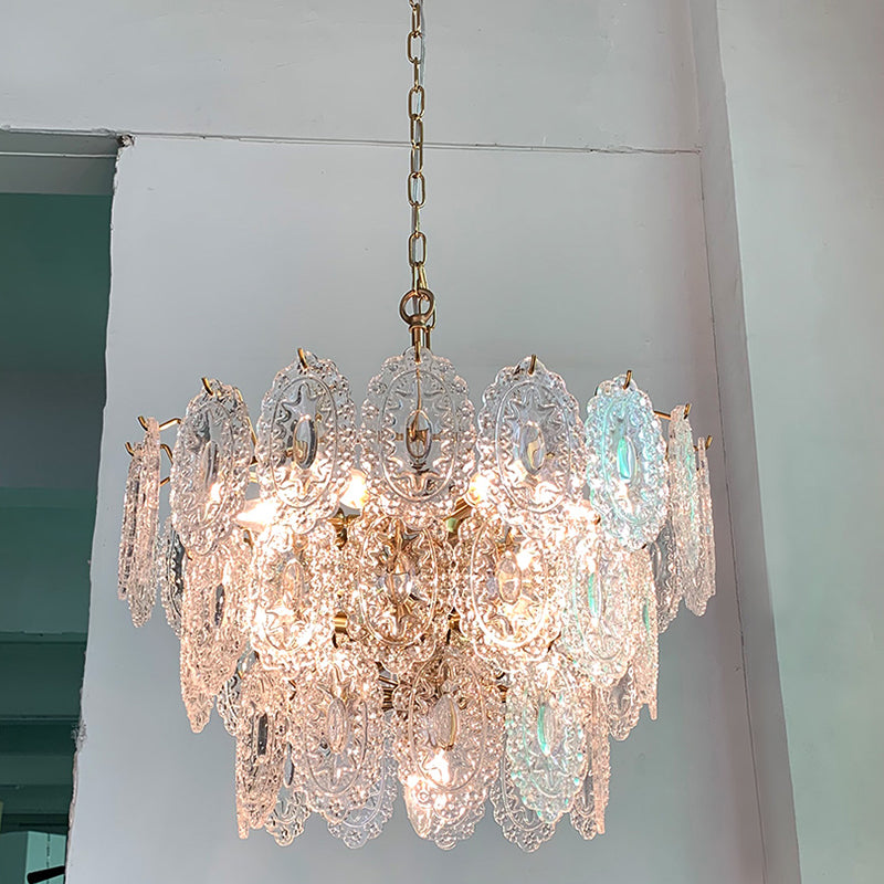 Tiered Carved Crystal Ceiling Lighting Postmodern Gold Chandelier Light Fixture for Living Room Clearhalo 'Ceiling Lights' 'Chandeliers' 'Modern Chandeliers' 'Modern' Lighting' 2136636