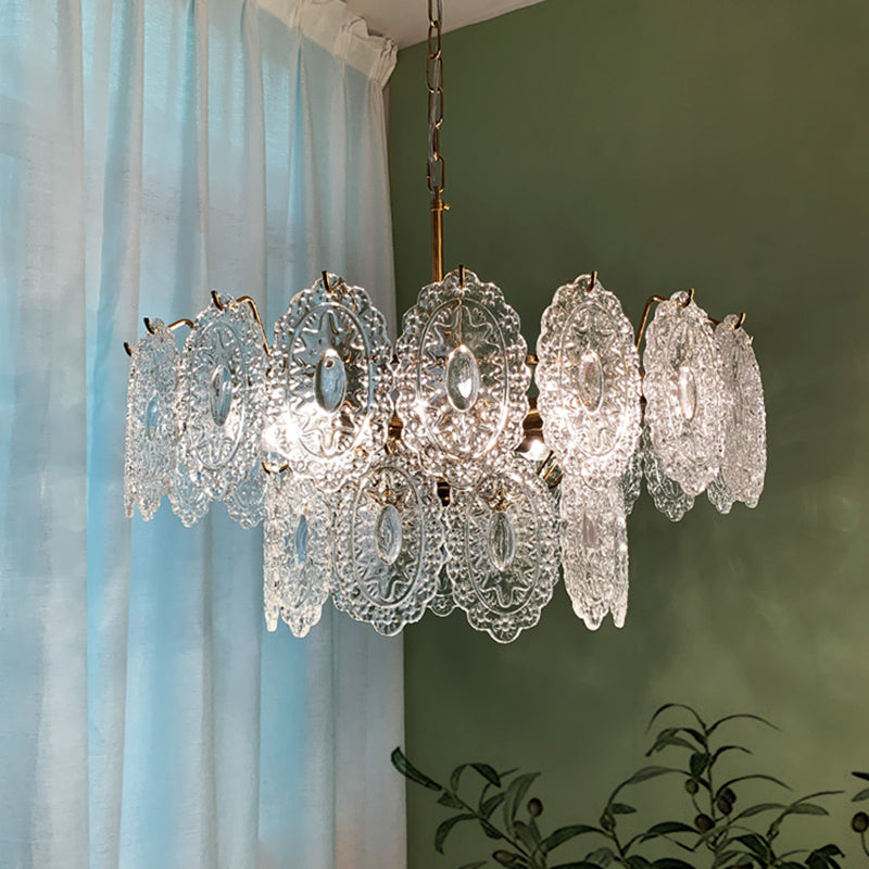 Tiered Carved Crystal Ceiling Lighting Postmodern Gold Chandelier Light Fixture for Living Room Clearhalo 'Ceiling Lights' 'Chandeliers' 'Modern Chandeliers' 'Modern' Lighting' 2136639