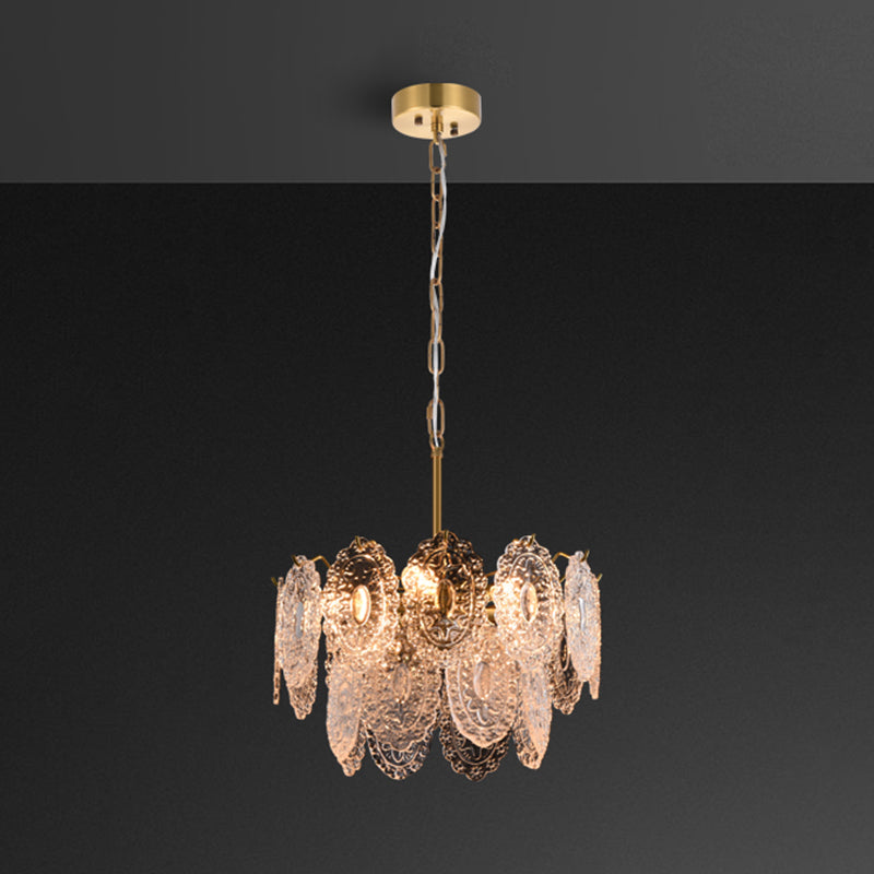 Tiered Carved Crystal Ceiling Lighting Postmodern Gold Chandelier Light Fixture for Living Room 6 Gold Clearhalo 'Ceiling Lights' 'Chandeliers' 'Modern Chandeliers' 'Modern' Lighting' 2136641