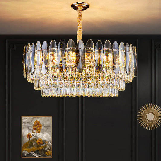 Artistic Tiered Chandelier Lighting Minimalist Clear K9 Crystal Living Room Pendant Light in Gold 15 Gold Clearhalo 'Ceiling Lights' 'Chandeliers' 'Modern Chandeliers' 'Modern' Lighting' 2136726