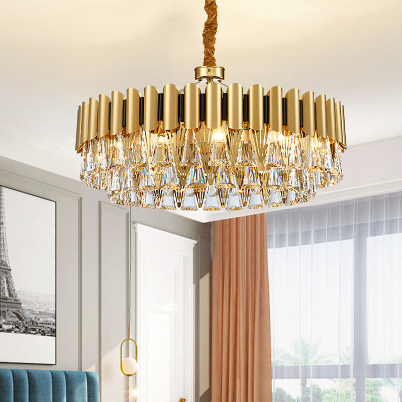 Tiered Chandelier Lighting Minimalist Tri-Prism Crystal Living Room Pendant Light in Gold 16 Gold Clearhalo 'Ceiling Lights' 'Chandeliers' 'Modern Chandeliers' 'Modern' Lighting' 2136765